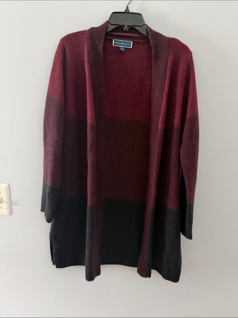 Karen Scott Burgundy and Black Open-Front Colorblock Cardigan